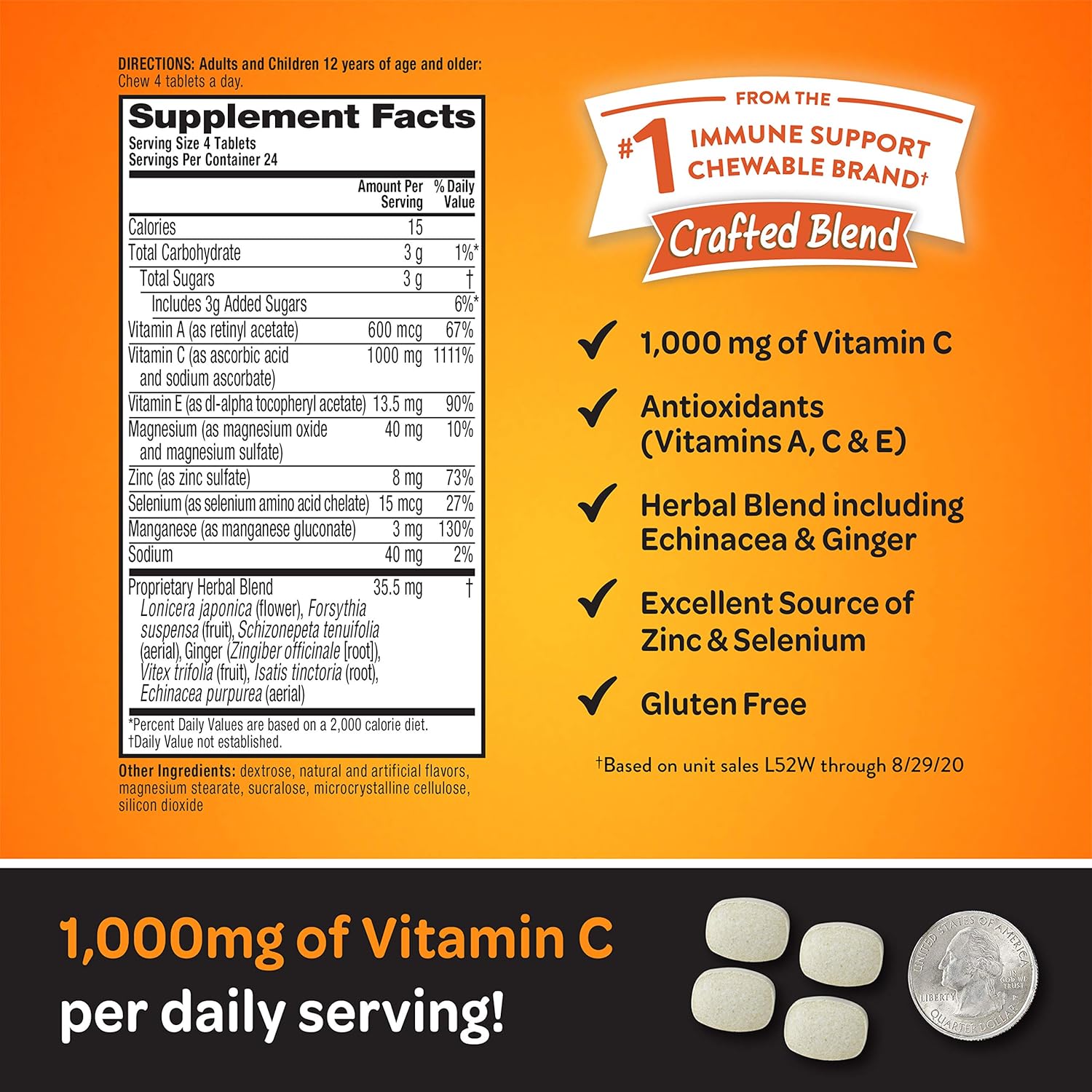 Airborne Vitamin C 1000mg (per serving) - Citrus Chewable Tablets (96 count in a box), Gluten-Free Immune Support Supplement With Vitamins A C E, Zinc, Selenium, Echinacea, Ginger, Antioxidants: Health & Personal Care
