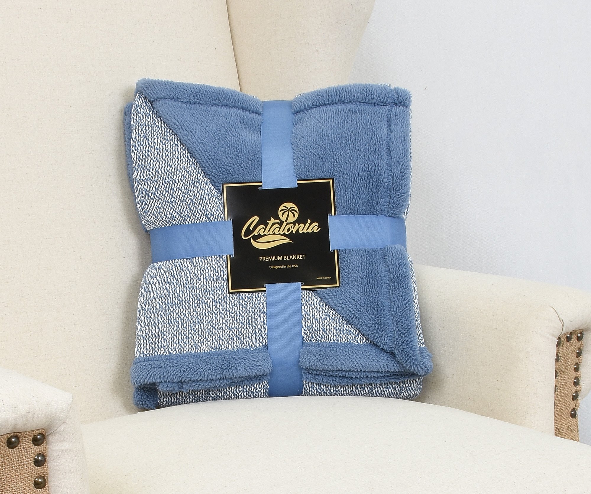 Cabe Knit Sherpa Throw Blanket,Premium Reversible Super Soft Couch Blanket with Fleece Lining All Season Gift Blanket 50X60 By Catalonia Blue