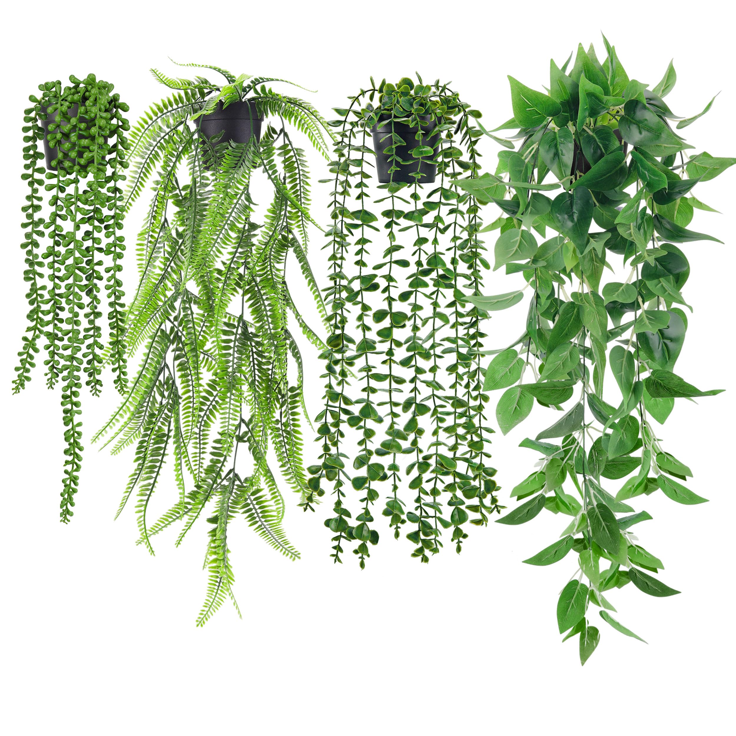 Photo 1 of Der Rose 4Pcs Fake Plants Hanging Artificial Ivy Vine Faux Eucalyptus Hanging Plants, Boston Fern, String of Pearls for Living Room Bedroom Boho Wall Shelf Indoor Outdoor Decor