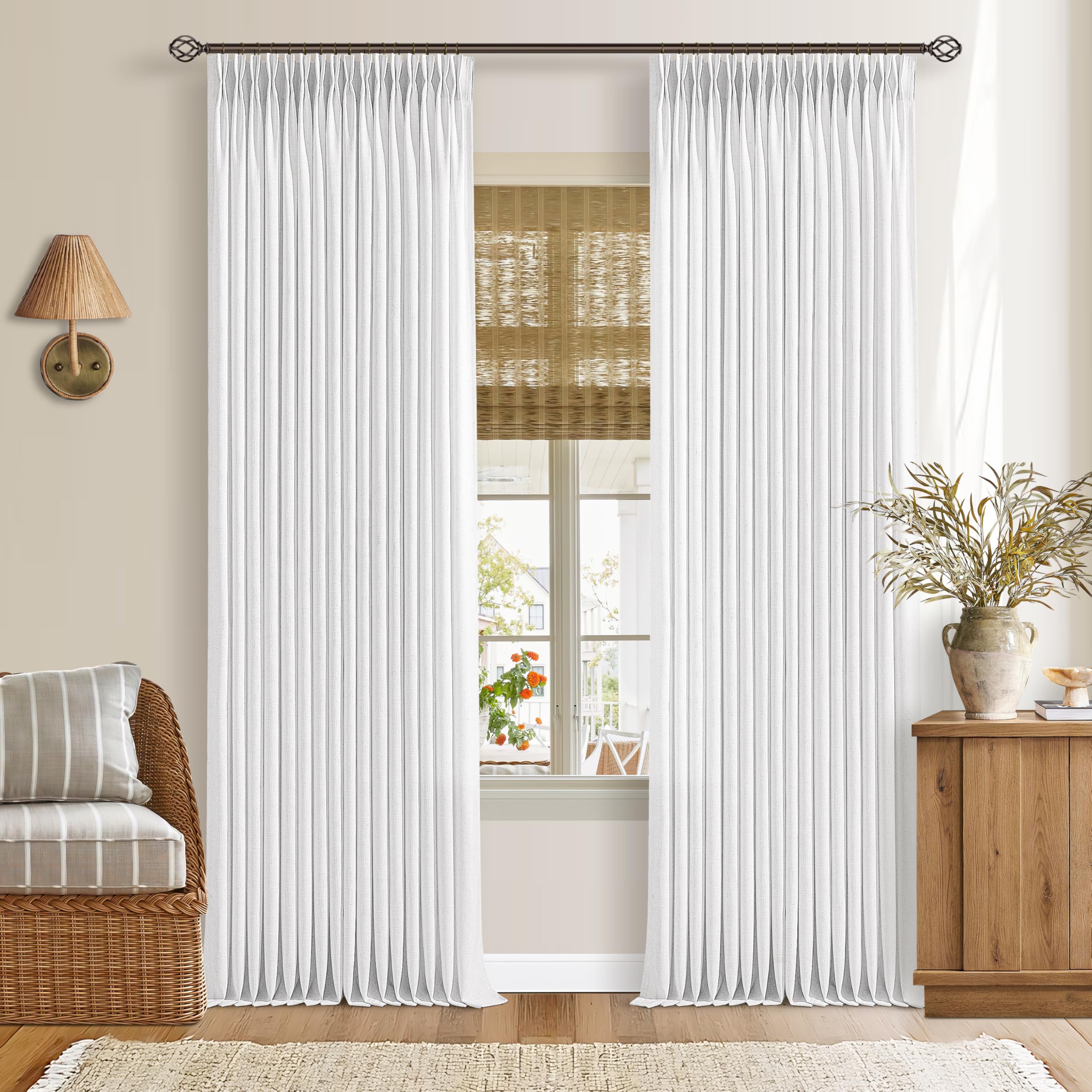 Photo 1 of Pinch Pleated Linen Curtains 105 Inches Long for Living Room 2 Panels Set Memory Trained Pleat Drapes Back Tab Light Filtering Neutral Boho Ceiling Floor 105 Inch Length Window Curtains Snow White