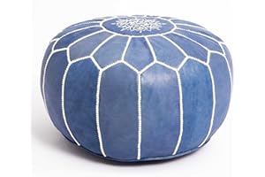 Marrakesh Gallery Genuine Leather Round Pouf Unstuffed - Moroccan Ottoman Footstool, Footrest Cover - Boho Decor - Bohemian Living Room, Bedroom, Kids Room, Gift & Wedding (Blue)