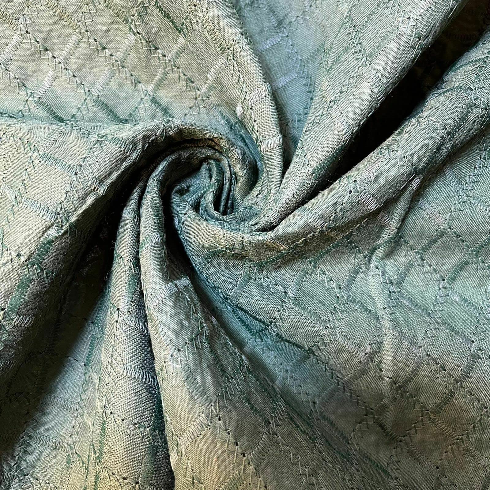 Indian 100% Cotton Lawn All Over Border Broderie Anglaise Embroidered Dress Craft Fabric Material 44" - 112 cm Wide Sold As Pre - Cut Lengths (5 Meter, Bottle Green)