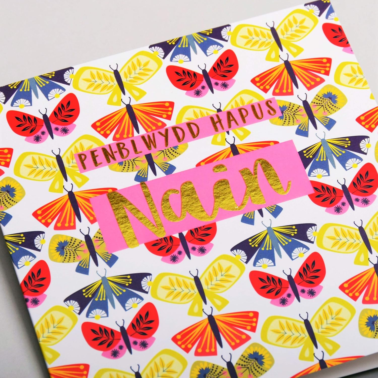 Claire Giles Greeting Cards, Welsh Happy Birthday Nanna Card, Penblwydd Hapus Nain, Text Foiled in Shiny Gold - Image 4