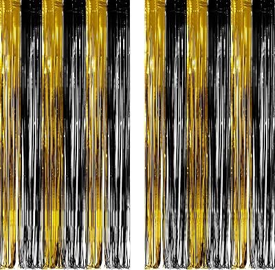 GREATRIL Black and Gold Foil Fringe Backdrop 2 Packs 3.2ft x 8.2ft
