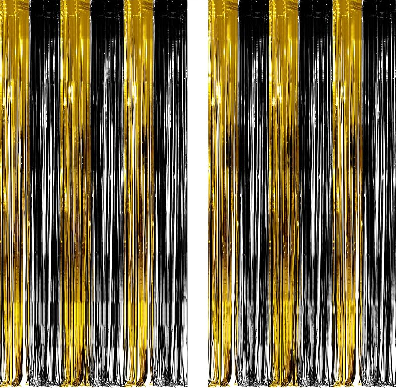 GREATRIL Black and Gold Foil Fringe Backdrop 2 Packs 3.2ft x 8.2ft