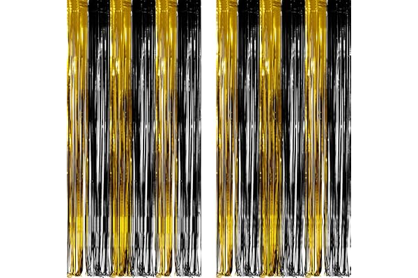 Black and Gold Party Streamers Decoration - GREATRIL Foil Fringe Backdrop for 2026 NYE/Anniversary/Farewell/Cocktail/Prom/EID/Birthdays - 3.2ft X 8.2ft - 2 Packs