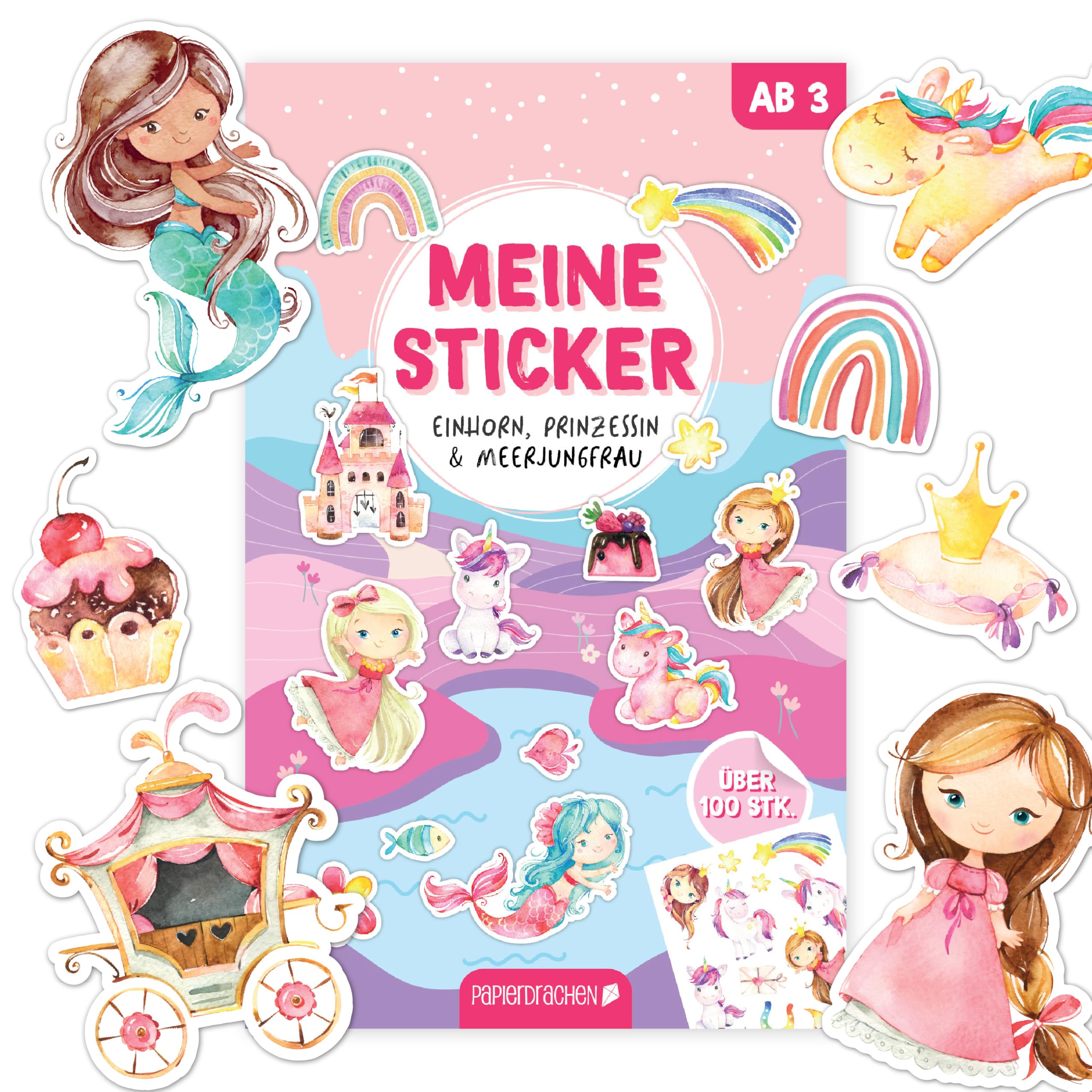 Papierdrachen Sticker Block Unicorn, Princess & Mermaid – Over 100 Versatile Stickers | Perfect for Creative Design | Great Gift Idea Set 1