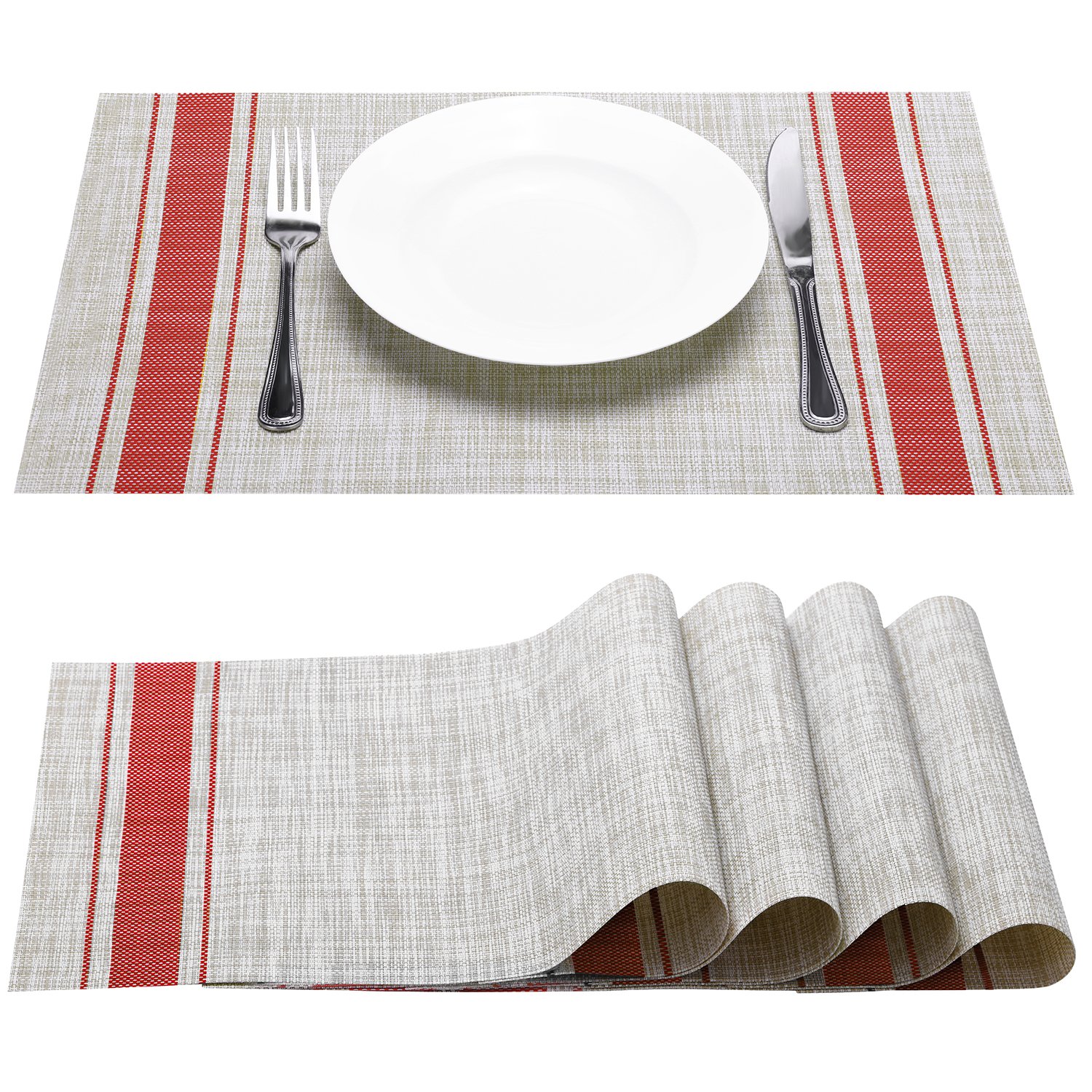 Placemat, Fashion European Style PVC Placemat Non-slip Insulation Placemat Washable Table Mats Set of 4 (Red)