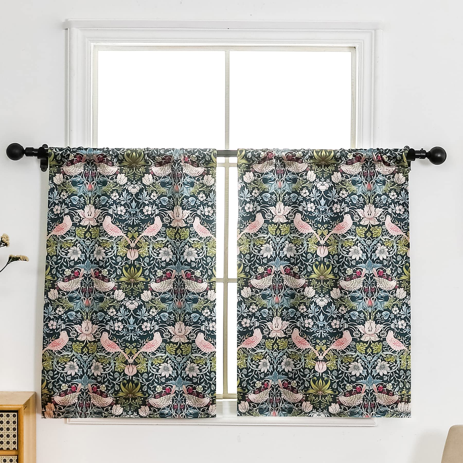 Obal William Morris Blackout Green Floral Kitchen Tiers Cafe Curtains with Rod Pocket for Bedroom Living Room (26x24 Inch, 2 Panel)