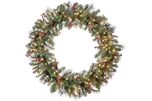 National Tree Company Pre-Lit Artificial Christmas Wreath, Green, Crestwood Spruce, White Lights, Decorated with Pine Cones, Berry Clusters, Frosted Branches, Christmas Collection, 36 Inches