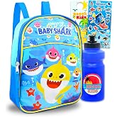 Baby Shark Mini Backpack for Kids Bundle - 11" w Adjustable Straps | Baby Shark Small Backpack for Travel Preschool with Water Bottle, Stickers, More ~ Fits Girls, Boys, Toddlers