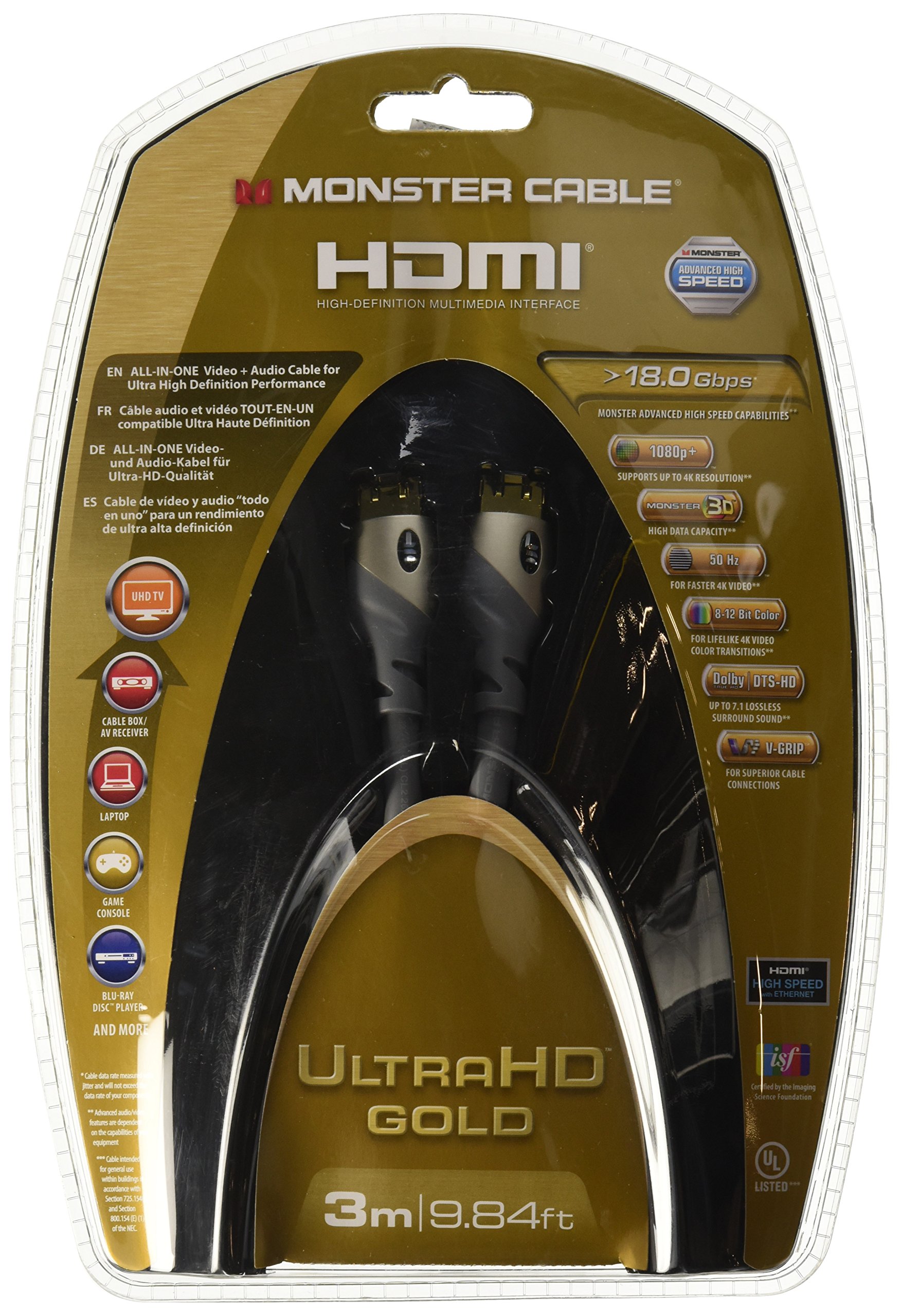 Monster Gold Advanced High Speed HDMI Cable with Ethernet - 3 m. length - Black,silver