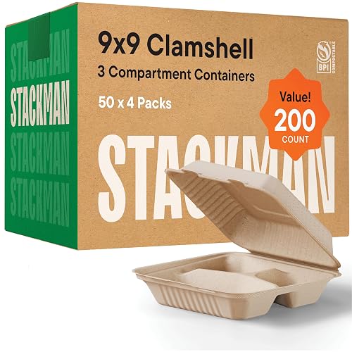 [Bulk - 200-Count] 100% Compostable To Go Containers 9x9" 3-Compartment ...