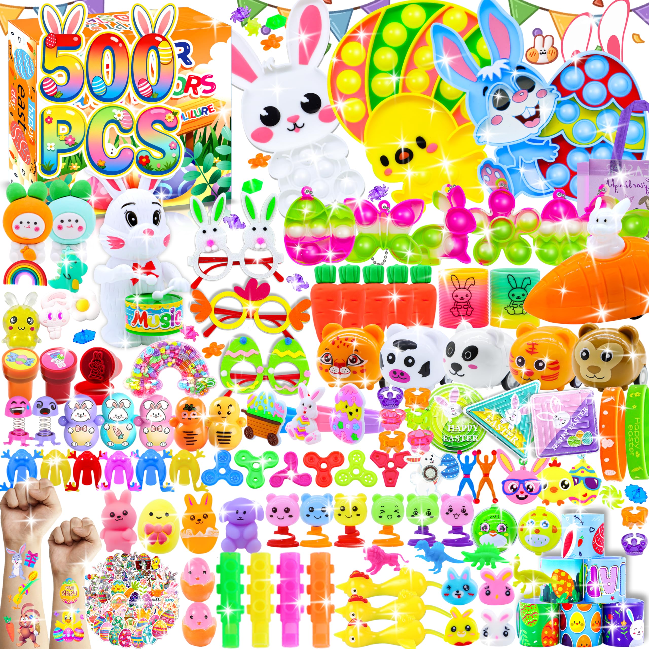 Pistroy 500 PCS Easter Eggs Fillers, Easter Party Favors for Kids Easter Basket Stuffers Fidget Toys Bulk, Classroom Prize Easter Gifts Treasure Box Toys Birthday Goodie Bag Stuffers