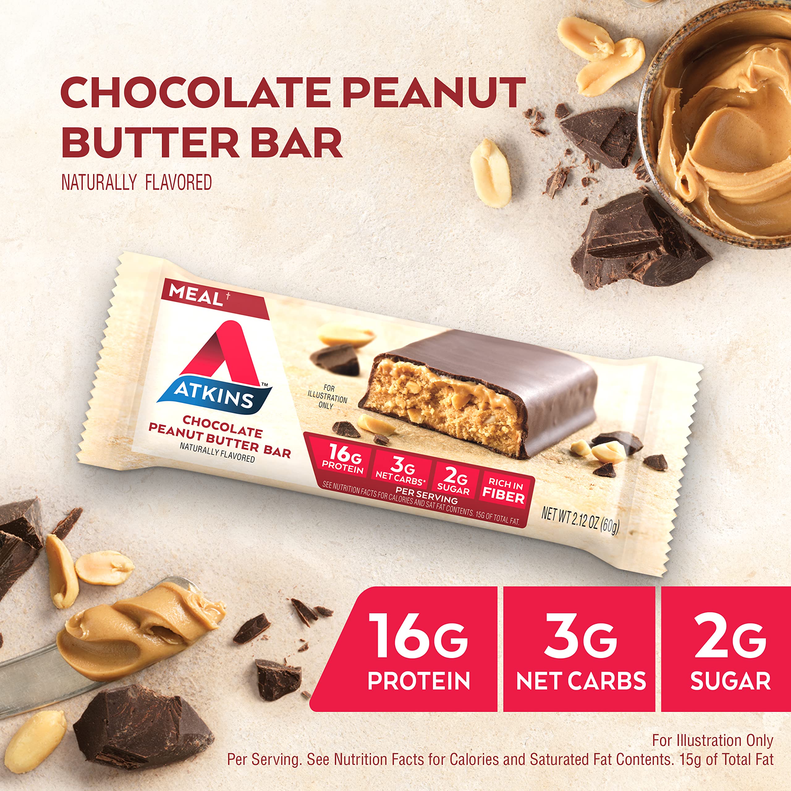 Atkins Chocolate Peanut Butter Protein Meal Bar, High Fiber, 16g Protein, Low Sugar, 3g Net Carb, Low Carb, Keto Friendly, 12 Count