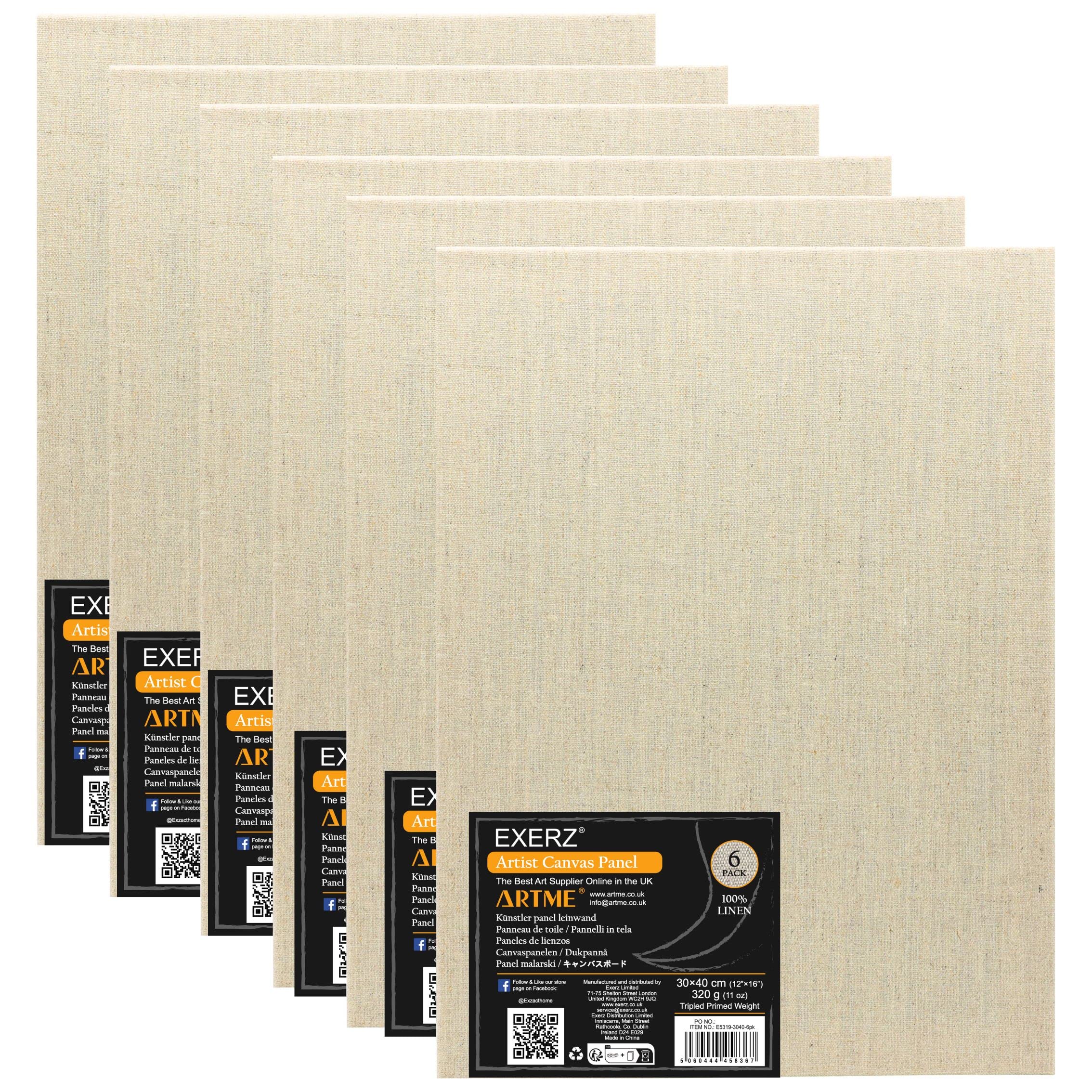 Exerz 30x40cm Canvas Panels Linen - 3mm 320gsm 100% Linen Artist Canvas Board/Triple Primed/Acid Free/Medium Grain - Oil & Acrylic (30x40cm-6pk)
