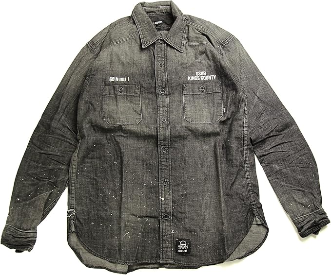 Amazon サー Ssur デニムシャツ シャツ 長袖 Kings County Jail Shirt Button Up ペイント加工 Mサイズ Black Denim ブラックデニム シャツ 通販 Amazon サー Ssur デニムシャツ シャツ 長袖 Kings County Jail Shirt Button Up ペイント加工 Mサイズ Black Denim ブラックデニム シャツ 通販