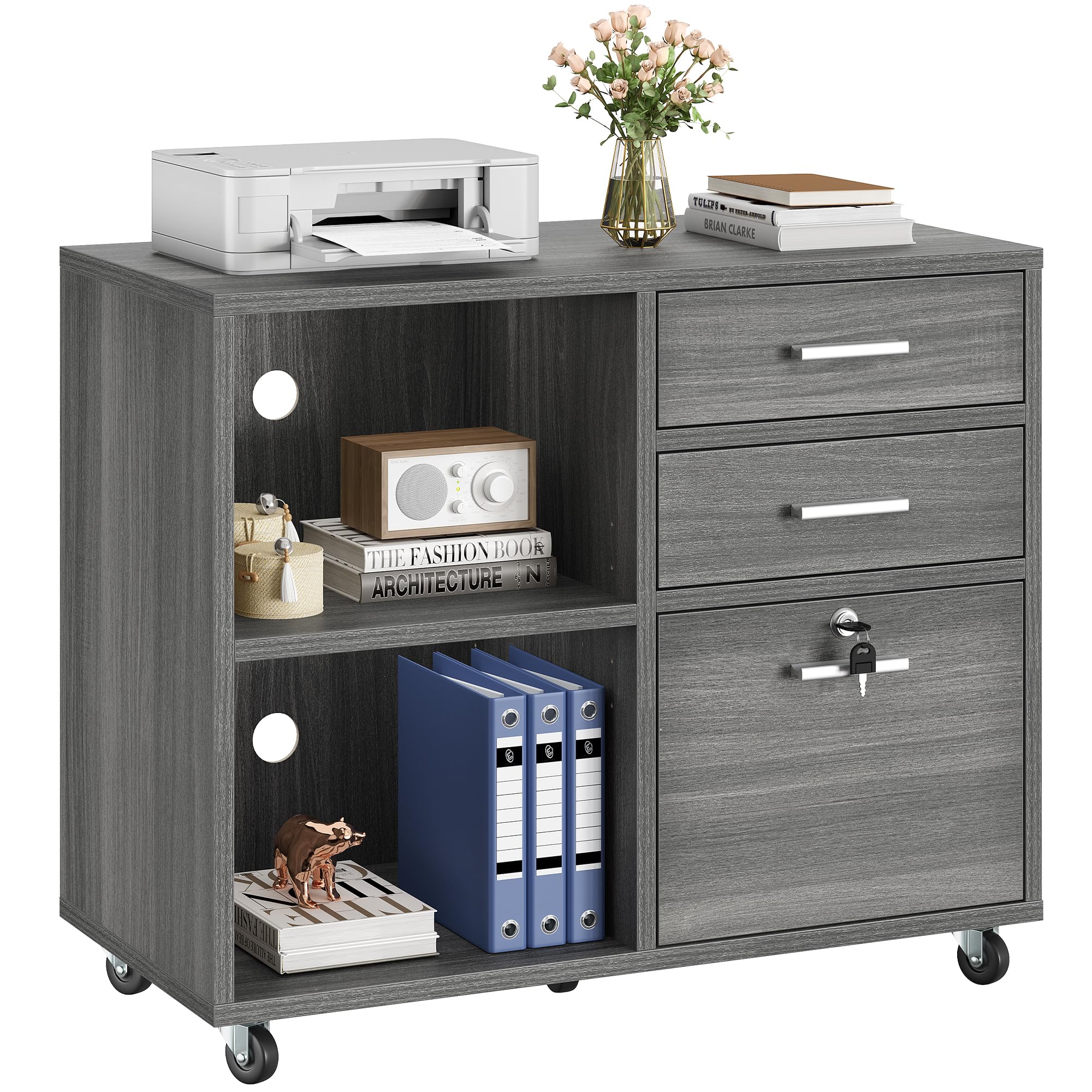 Photo 1 of YITAHOME 3 Drawer Wood Lateral File Cabinet, Mobile Filing Cabinet, Storage Cabinet Printer Stand with 2 Open Shelves for Home Office Organization,Dark Grey