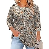 LOMON Womens Plus Size Tops 3/4 Length Sleeve Womens Tops Pleated Crewneck Fall Shirts Summer Blouses 2026 (1X-5X)
