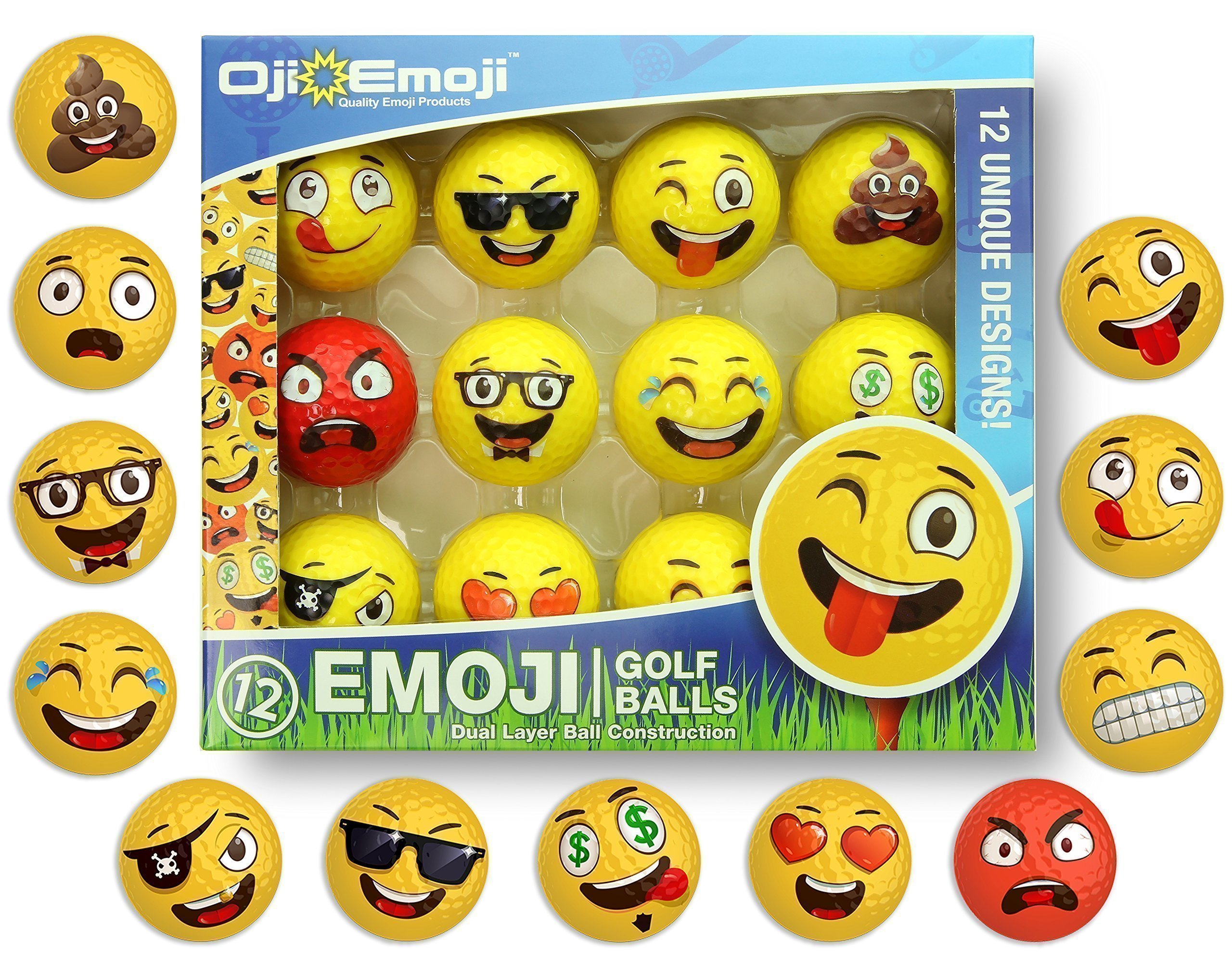 Oji Emoji Premium Golf Balls, Unique Dual-Layer Professional Practice Golf Balls, 12-Pack Golfer Novelty Gag Gifts for All Golfers, Fun Golf Gift for Dads, Guys, Men, Women, Kids, Grandpa