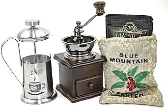 Kaffee Geschenk-Set mit 50 g edlem Raritäten-Kaffee 'Jamaica Blue Mountain' Ganze Bohnen, Kaffeesäckchen, Retro-Kaffeemühle u