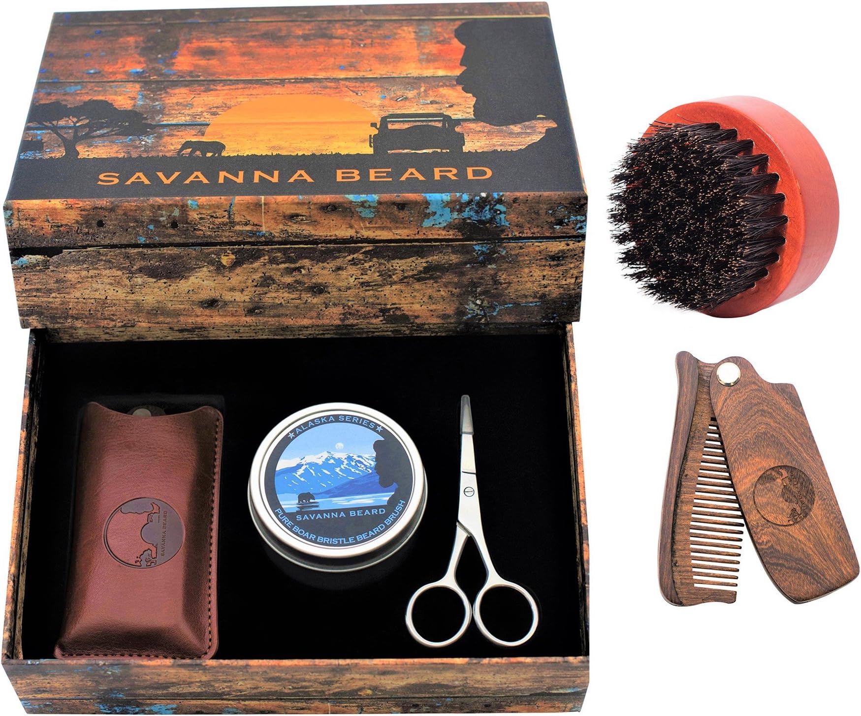 SAVANNA BEARD Grooming Beard Kit - 100% Pure Boar Bristle Brush & Folding Sandalwood Beard Comb with PU Leather Case & Stainless Beard Nose Eyebrow Scissors - Elegant & Beautiful Box Set - Ideal Gift