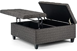 SIMPLIHOME Harrison 36 Inch Wide Square Coffee Table Lift Top Storage Ottoman in Upholstered Ebony Tufted Tweed Fabric, For the Living Room, Transitional