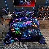 Feelyou Kids Gamer Comforter Set Queen Size, Galaxy Gaming Bedding Set Glitter Game Comforter Boys Girls Gamepad Teens Duvet Set Bedroom Decor Bed Set 3Pcs