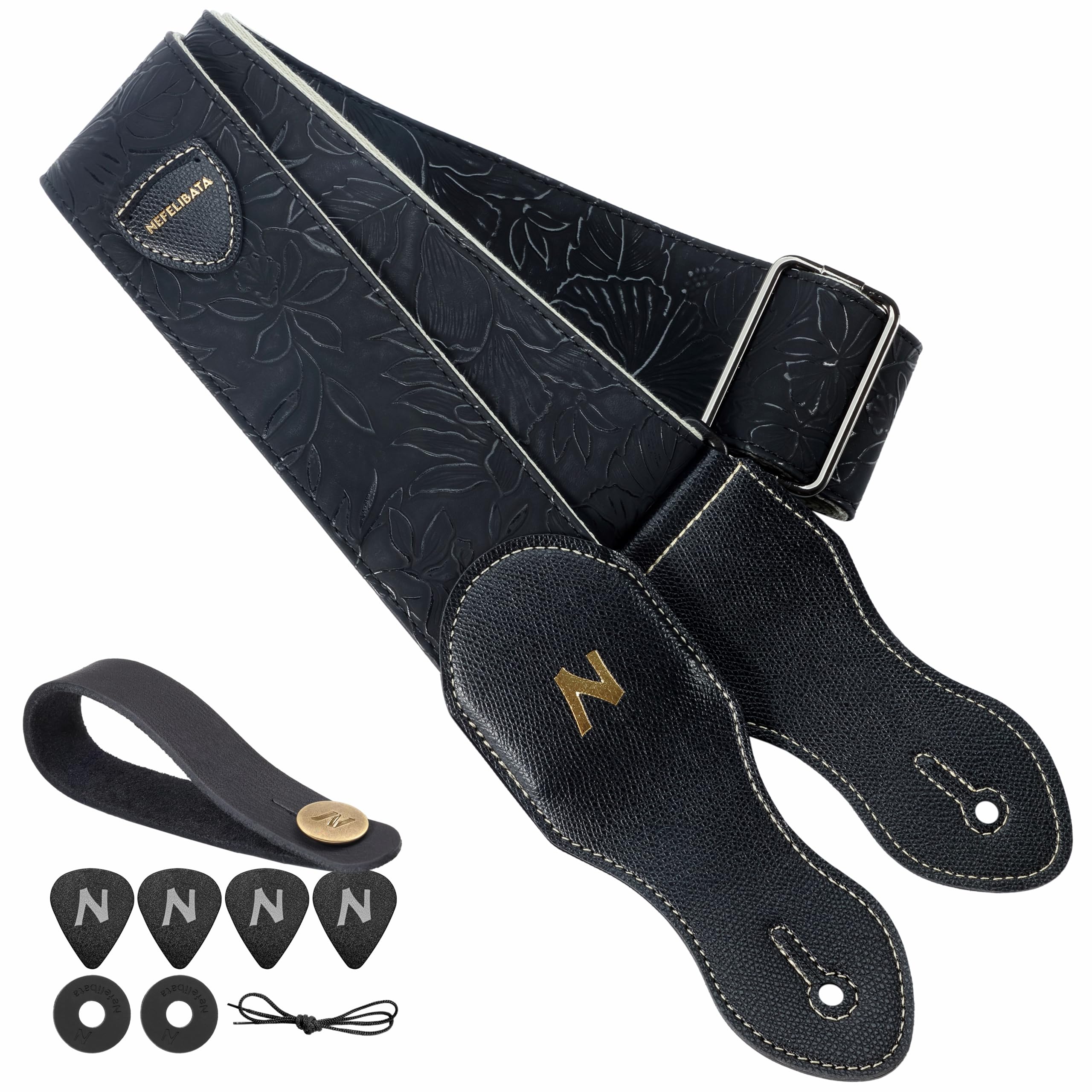 Nefelibata Guitar Strap with Pick Pocket,2.3 inch Porter Style Vegan Leather Guitar Straps,60s Western Vintage, Include Guitar Pick,Strap Button and Strap Lock(Black)