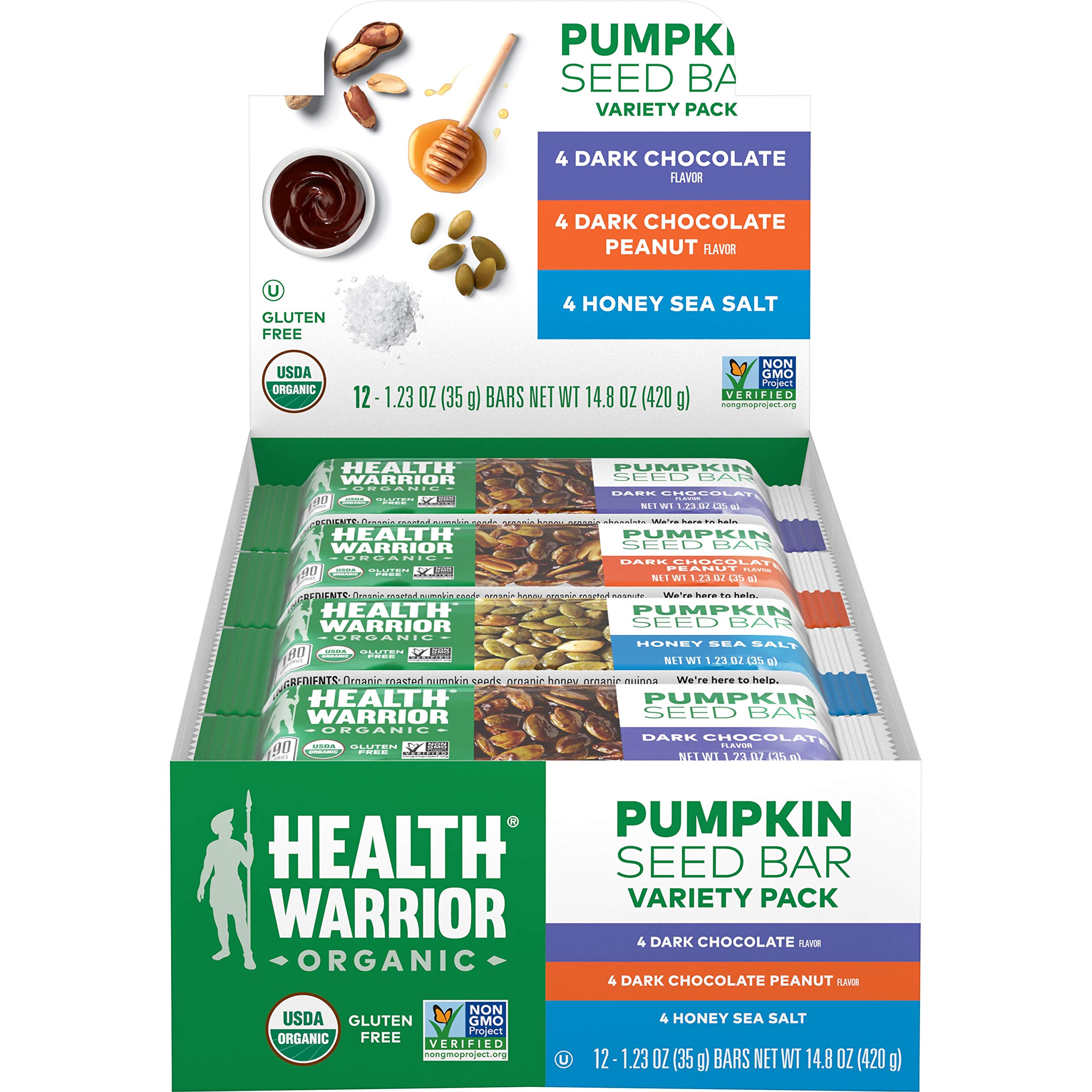 Health Warrior Organic Pumpkin Seed Protein Bars, Variety Pack, 8g