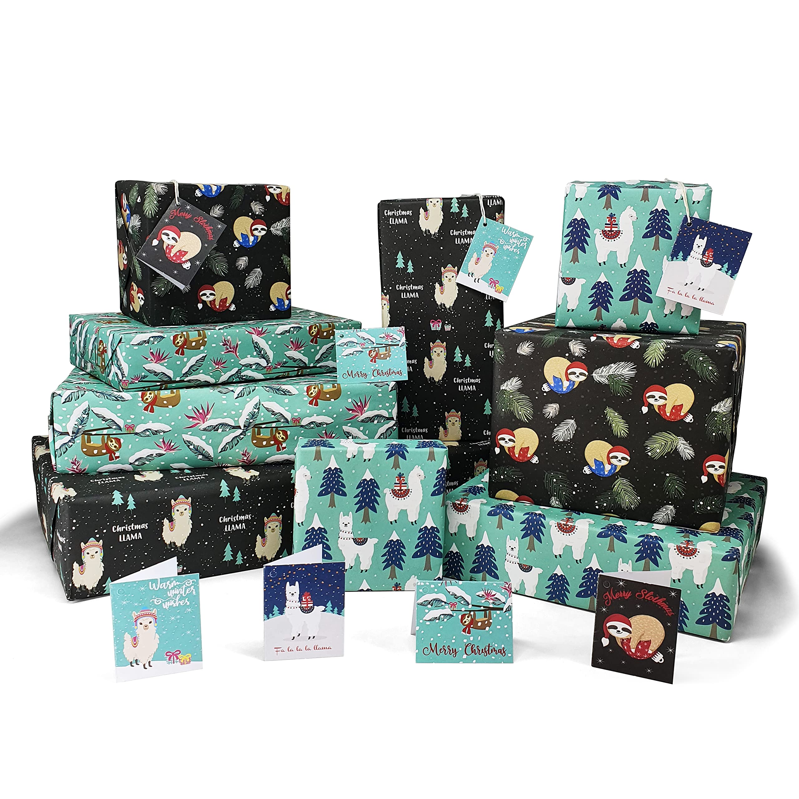 Sloth & Llama Recycled Christmas Wrapping Paper Set with 8 Sheets & 8 Folded Gift Tags | Premium Recyclable Animal Xmas Gift Wrap for Kids and Adults | 4 DIfferent Designs