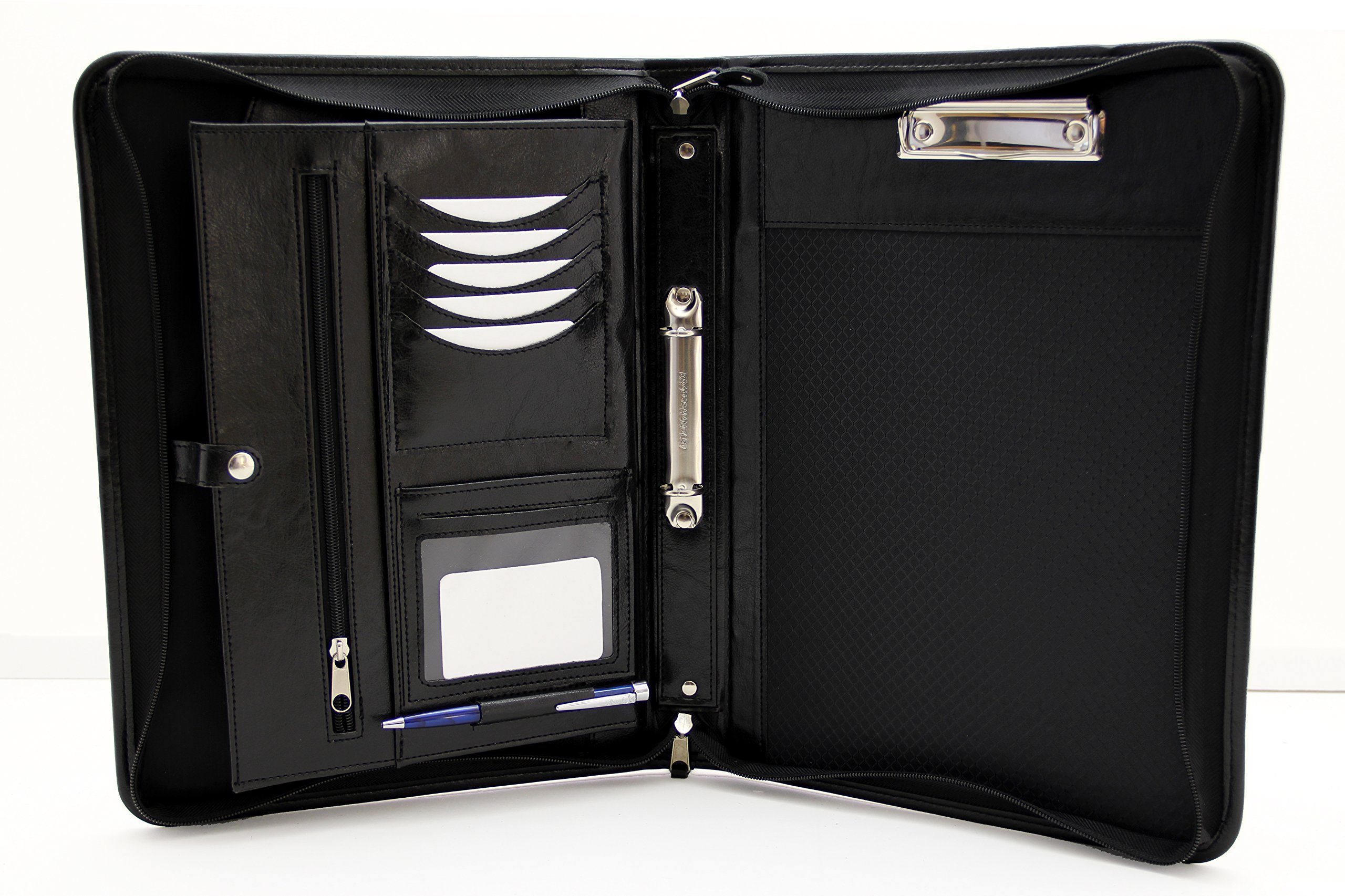 Noda Faux Pu Leather Zipped Business Conference A4 Folder Padfolio 2 Ring Binder with Clipboard (Black)