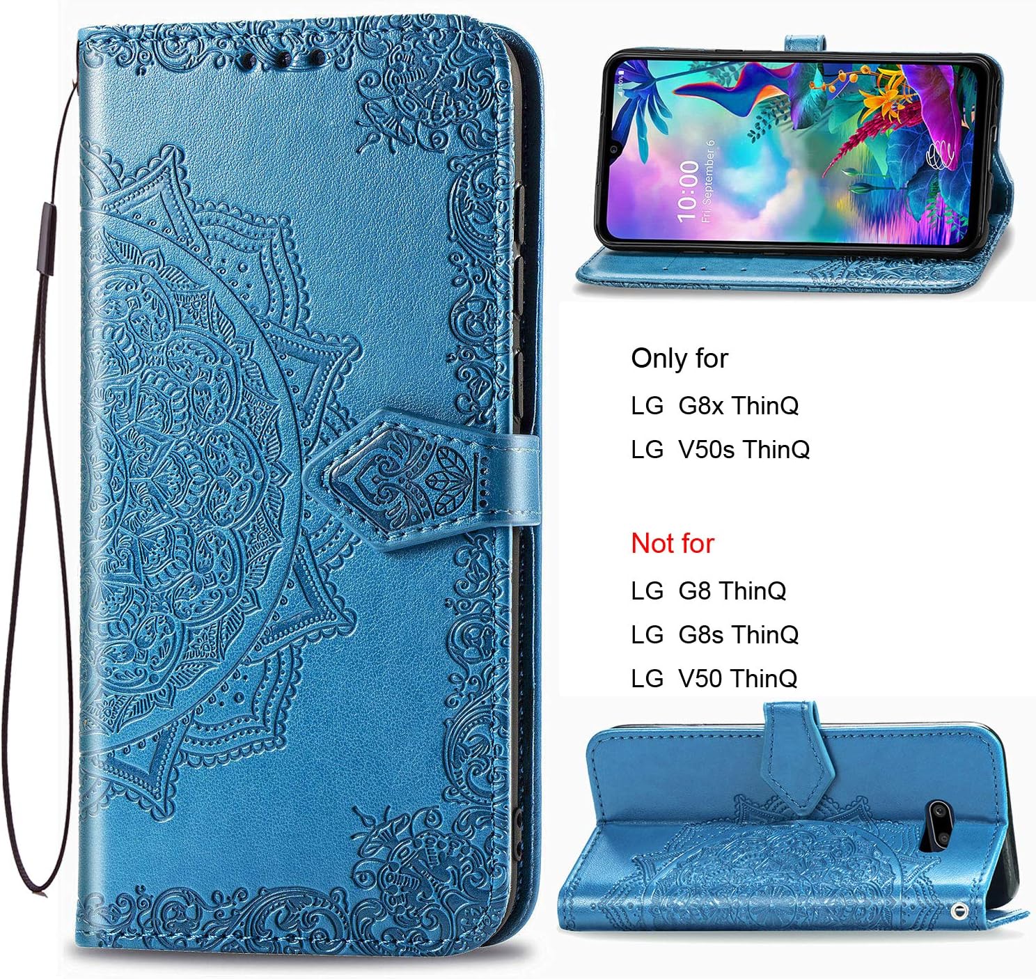 Urspasol for LG G8X ThinQ Case LG V50S ThinQ 5G Case Wallet Premium PU Leather Mandragora Folio Flip Stand Credit Card Slot Kickstand Magnetic Closure Cover Wrist Strap (Blue)