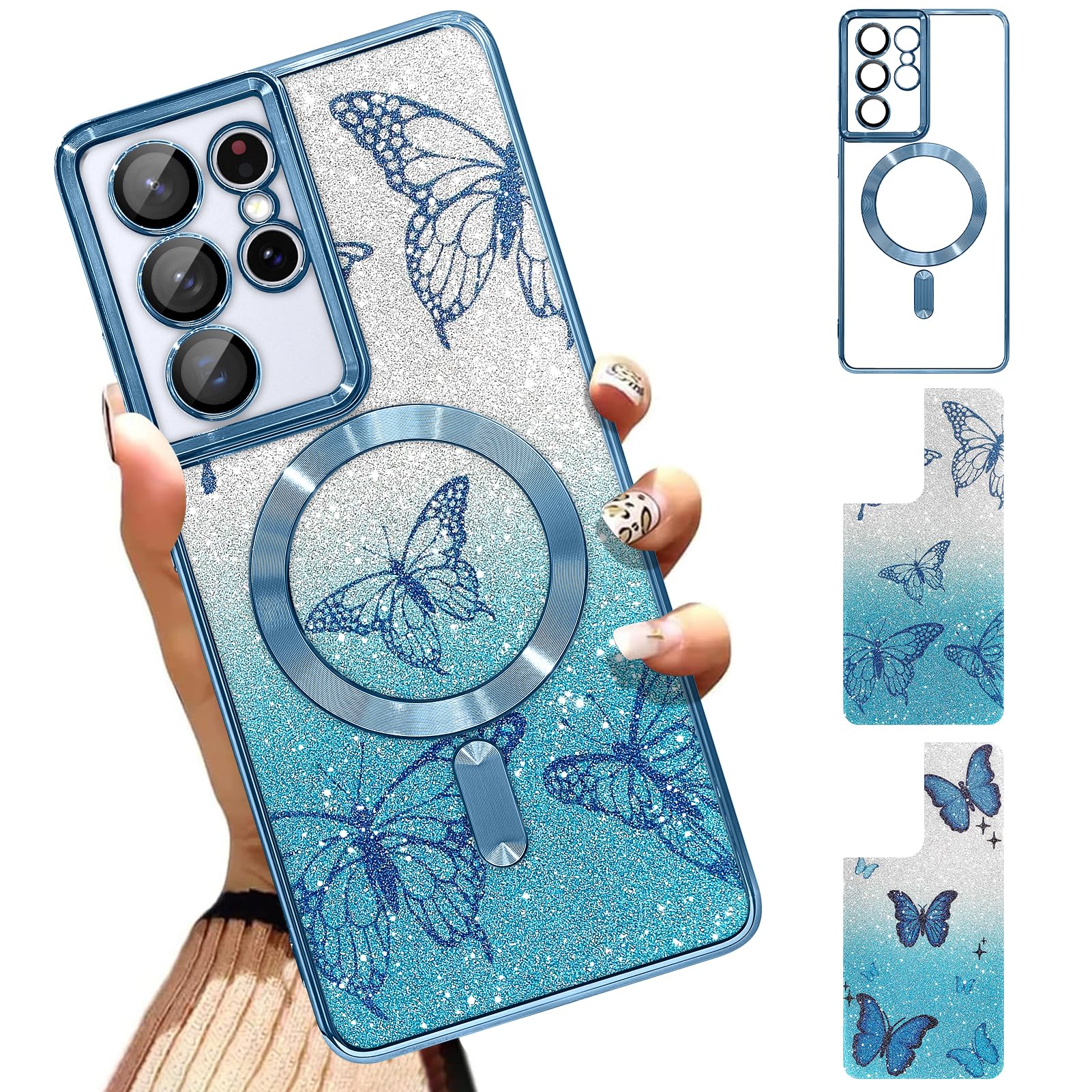 Illians Case Fit for Samsung Galaxy S21 Ultra [Compatible with MagSafe] Glitter Magnetic Case with Camera Protector [2 Pieces of Butterfly Design Insert] Soft TPU Shockproof Cover for Women - Blue