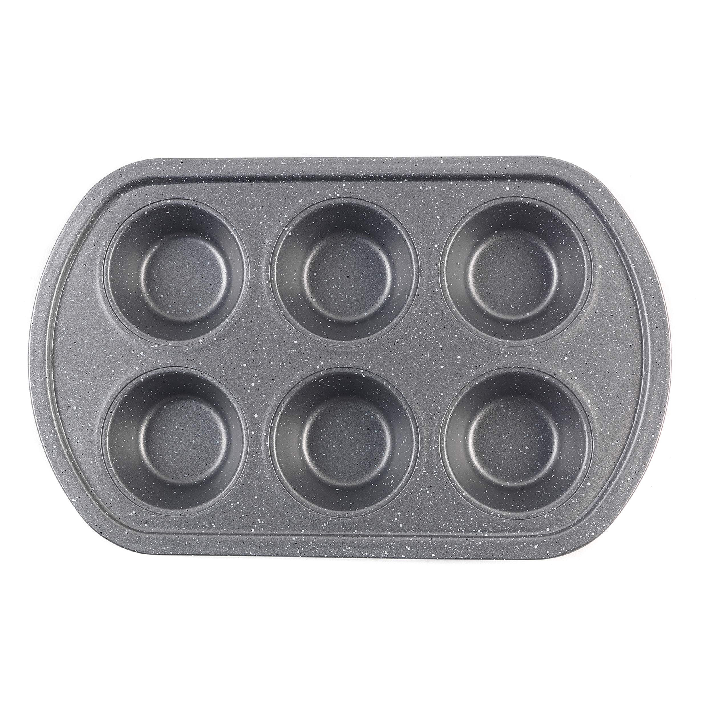 PROGRESS BW08284EU Metallic Marble 6 Cup Muffin Tray - Non-Stick Baking Sheet for Cupcakes, Carbon Steel Yorkshire Pudding Tray, Heat-Resistant Exterior, Easy to Clean, Grey