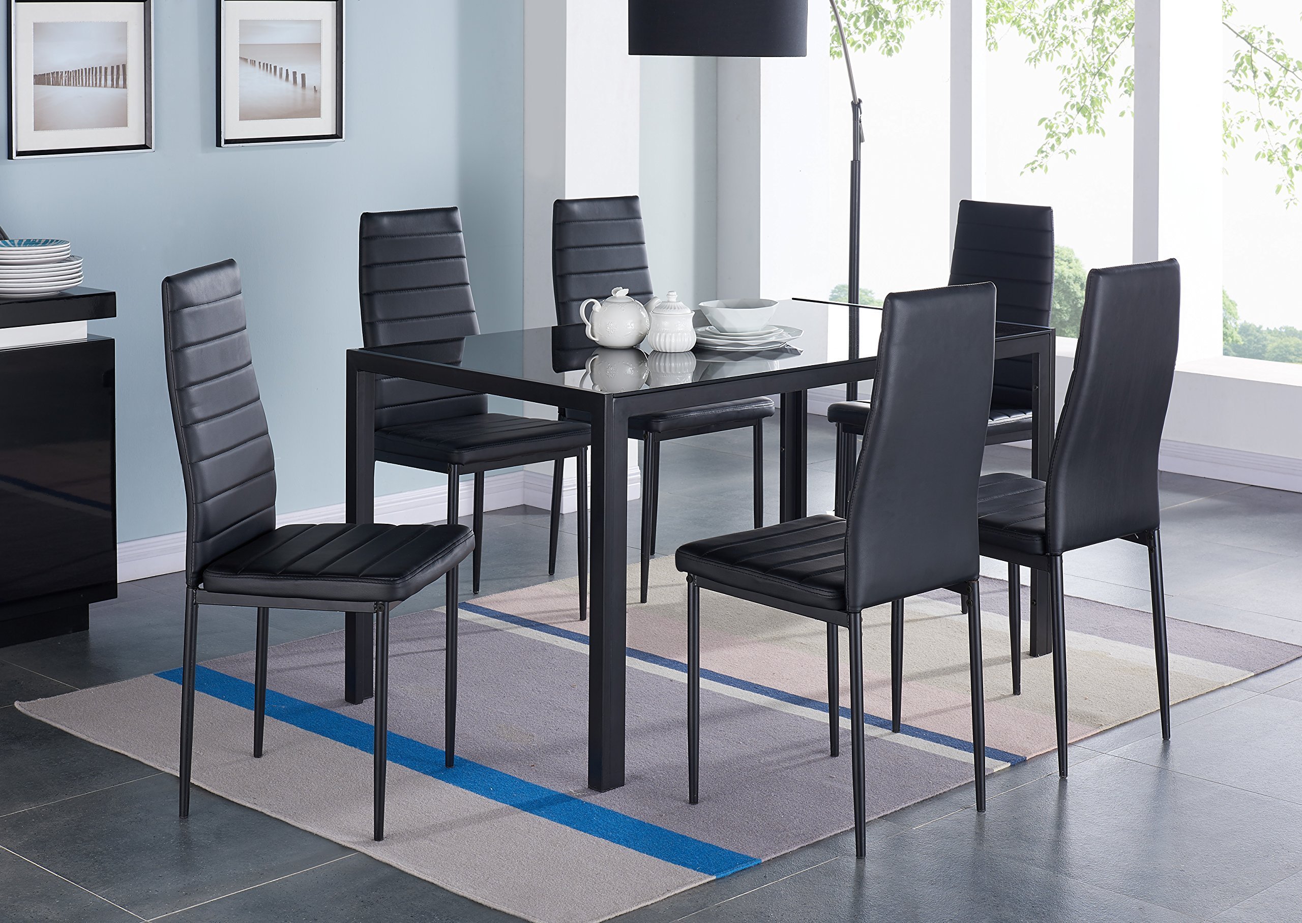 IDS Home 7 Piece Glass Dining Table and Chair Set for 6 Kitchen Dining Room Furniture Rust Resistant Metal Leg Frame Black (BOX 2 of 2 ONLY)