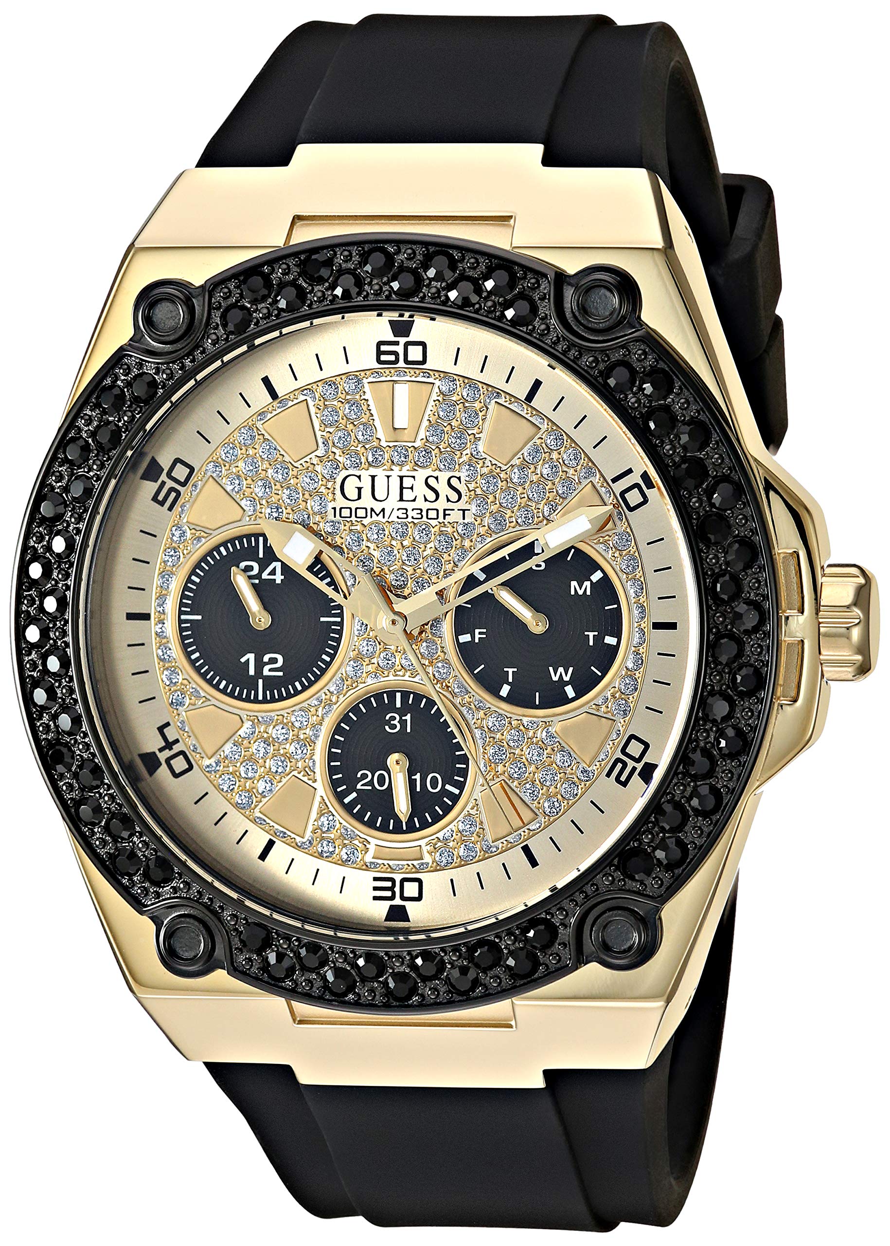 Photo 1 of GUESS Black Gold-Tone Glitz Stain Resistant Silicone Watch with Day, Date + 24 Hour Military/Int'l Time. Color: Black (Model: U1257G1)
