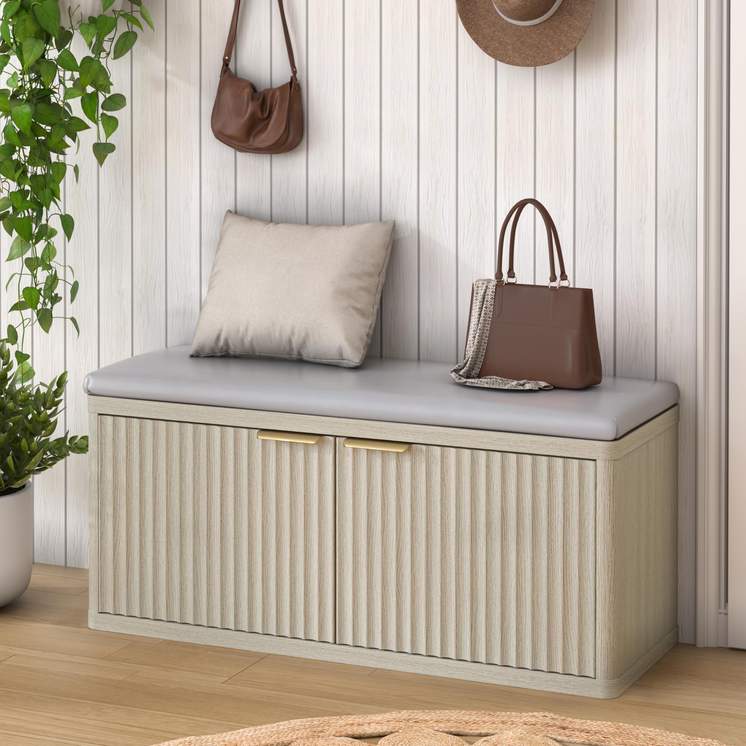 Photo 1 of (ASSEMBLY REQUIRED) Piskyet Modern Shoe Bench,Entryway Bench Storage with Padded Seat Cushion,Adjustable Shelf,Shoe Storage Bench for Entryway,Living Room,Bedroom,Light Grey