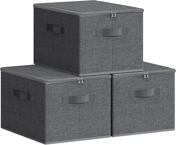 SONGMICS Aufbewahrungsbox mit Deckel, faltbare Stoffbox mit Griffen, Aufbewahrung für Kleidung, Vliesstoff, 3er Set, 40 x 30 x 25 cm, schiefergrau RYZB03G