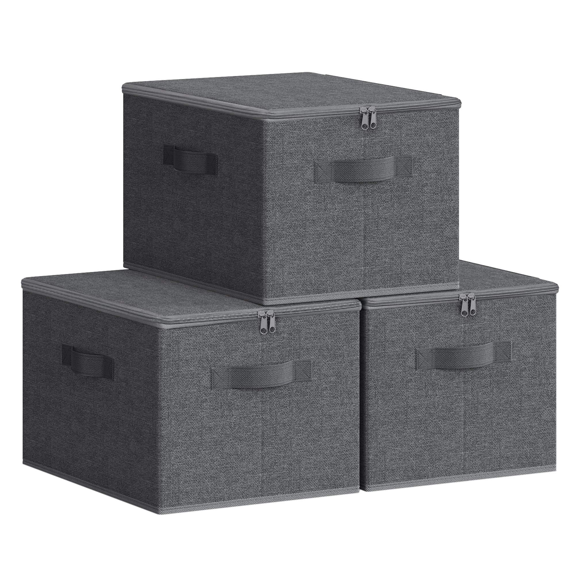 SONGMICS Foldable Storage Organiser Boxes, Storage Basket Bins with Lids, Handles, Clothes Organiser, Non-Woven Fabric, Set of 3, 40 x 30 x 25 cm, Slate Grey RYZB03G
