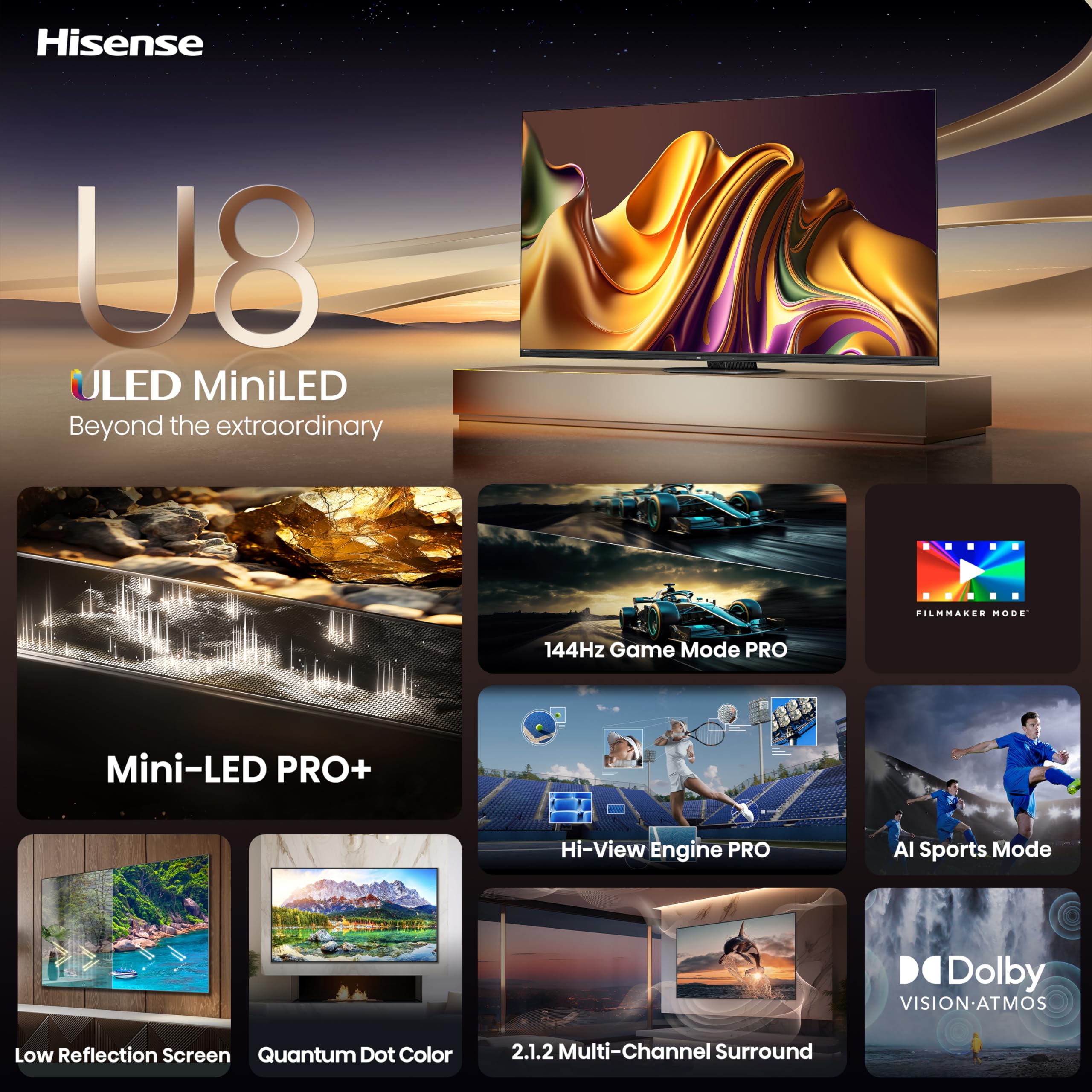 Hisense 85-Inch Class U8 Series Mini-LED ULED 4K UHD Google Smart TV (85U8N) - QLED, Dolby Vision IQ, Dolby Atmos, Full Array Local Dimming Pro, 144Hz Game Mode Pro, Alexa Compatibility