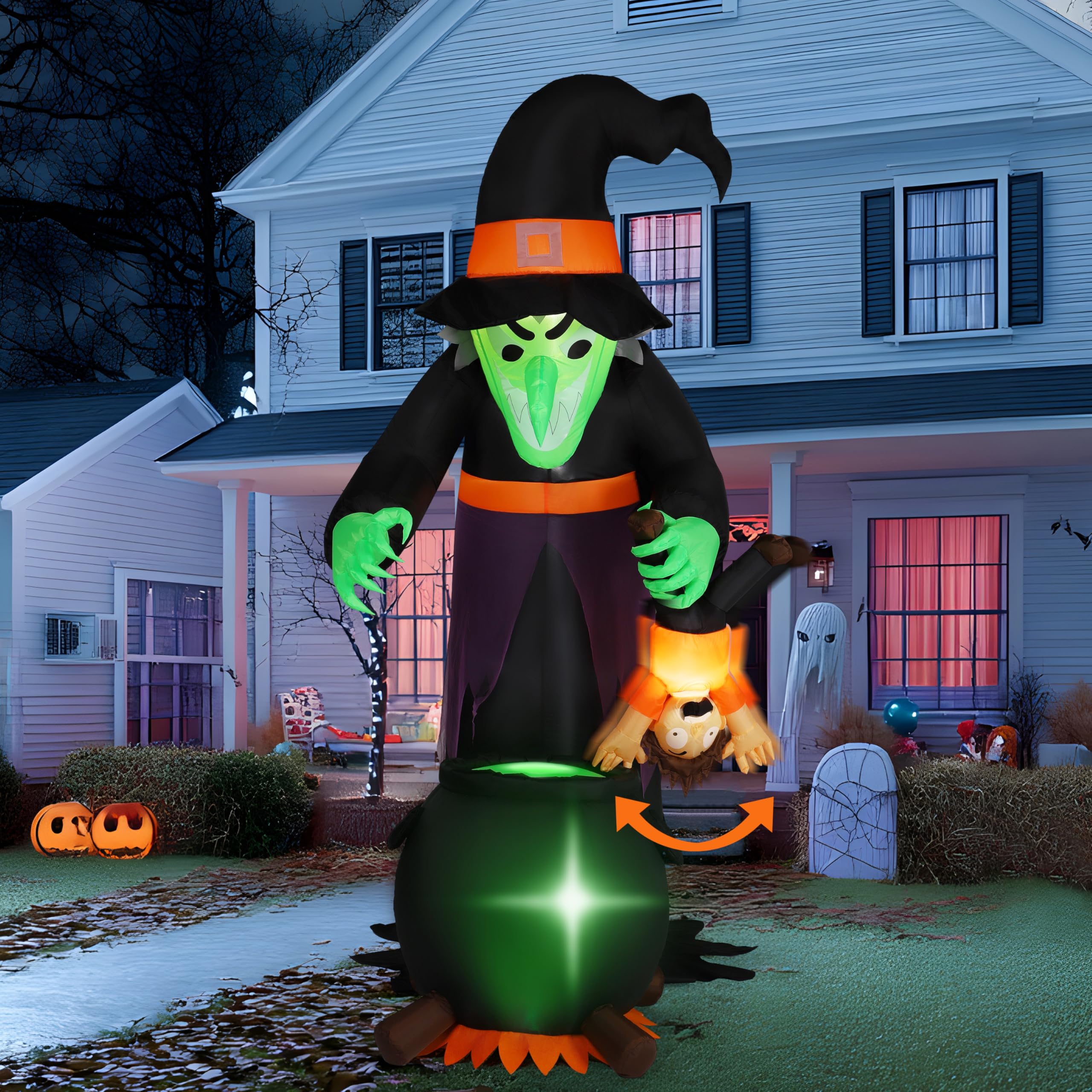 Photo 1 of JOYIN 7FT Halloween Witch Animated Inflatable Decoration Witch Swinging Child Over Cauldron Inflatable Decoration Built in LED Giant Halloween Animatronics for Outdoor Garden Lawn Party Yard Decor