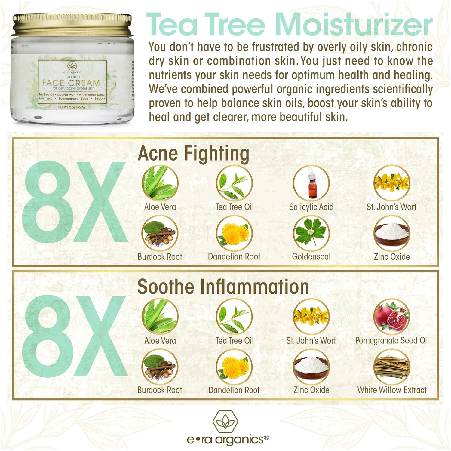 Era Organics Tea Tree Oil Face Cream - For Oily, Acne Prone Skin, Extra Soothing & Nourishing Non-Greasy Botanical Facial Moisturizer with 7X Ingredients For Rosacea, Cystic Acne, Blackheads & Redness: Beauty