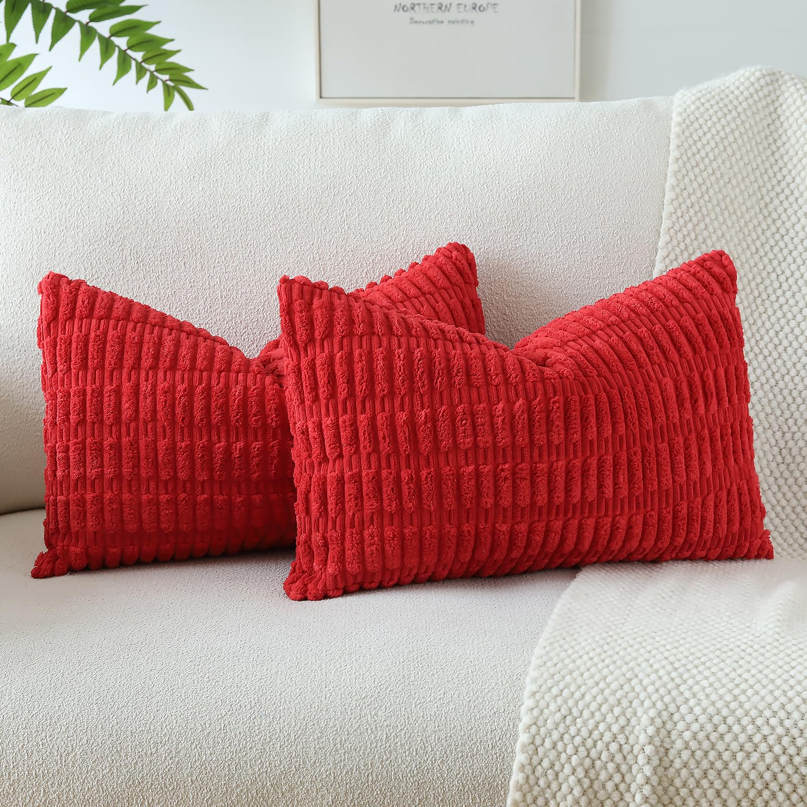 JOTOM Set of 2 Corduroy Soft Striped Cushion Covers 30x50 cm Boho Decorative Throw Pillow Covers Lumbar Cushion Case Couch Home Decor Pillowcases for Sofa Bedroom 12x20 Inch (Red) — image 1