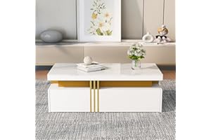 Merax Modern Coffee Table with Marble Pattern Top, Highgloss Centre Table, Sofa Side Table with 2 Drawers for Livingroom, Off