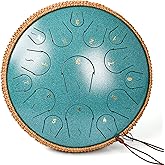 Steel Tongue Drum - 14 Inch 15 Note Tongue Drum - Hand Pan Drum with Music Book, Handpan Mallets and Carry Bag, C Major, Malachite Green