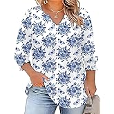 Rapbin Womens Plus Size Tops 3/4 Sleeve Blouses Shirts Casual V Neck Loose Tunic Tops 1X-5X