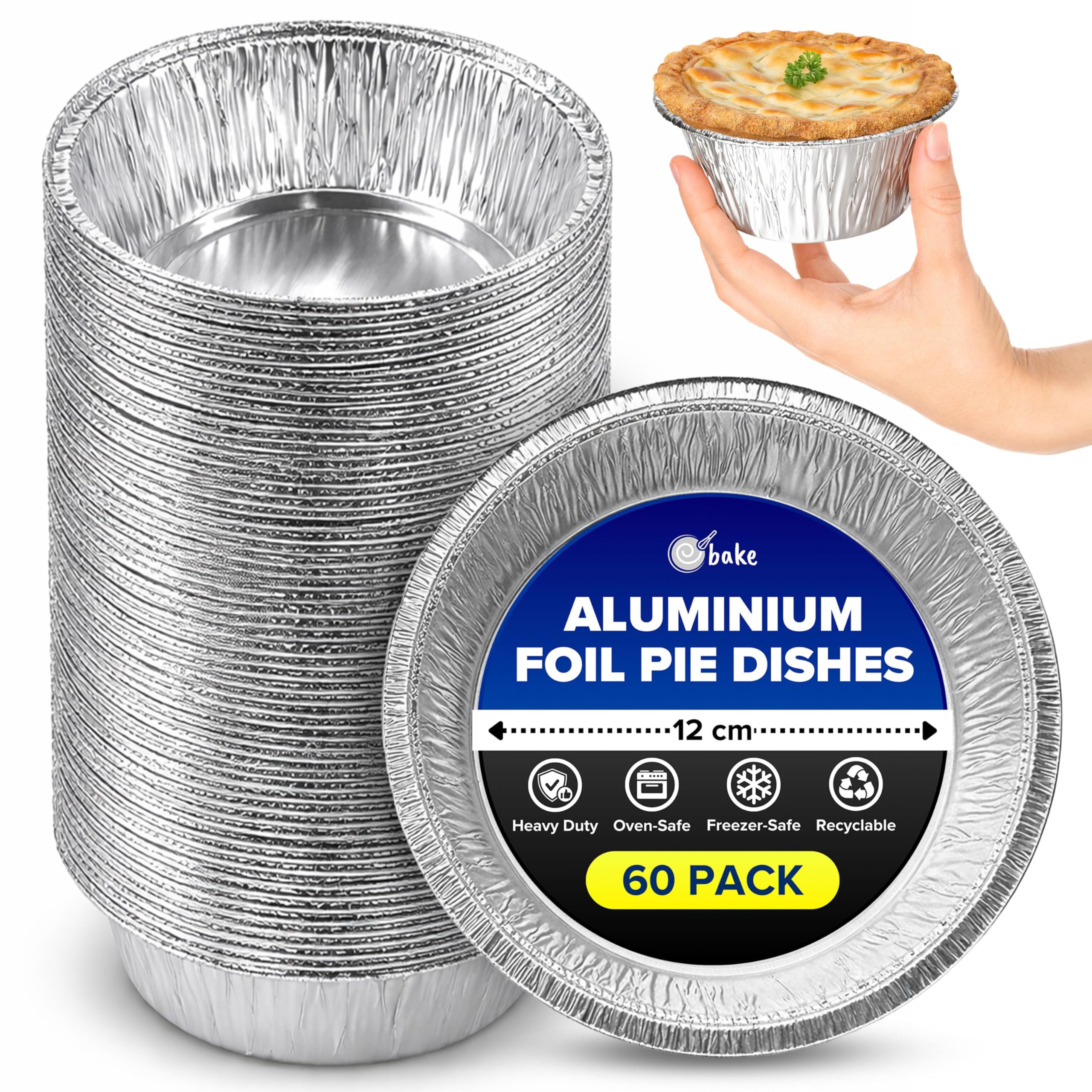 ebake Aluminium Round Foil Dishes 12cm (60 Pack) - Disposable Baking Trays for Pies, Quiche, Pastries and Cake