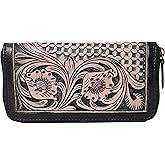Merbaa Handcrafted Western Tooled Leather Wallet for Women – Floral Vintage Clutch Purse with Zip – Handmade Gift, Boho & Western Style Western Floral Tooled Leather Clutch Wallet for Women