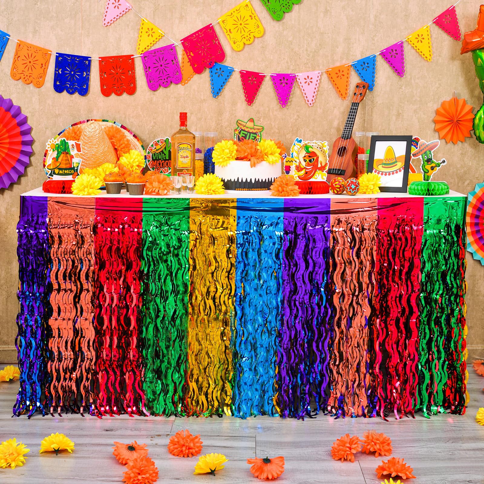Photo 1 of Mega-L Fiesta Birthday Party Table Decorations 4Pack Mexican Theme Taco Party Wavy Metallic Tinsel Foil Fringe Table Skirt, for Day of The Dead Altar Decoration, Dia De Los Muertos Cinco de Mayo Decor